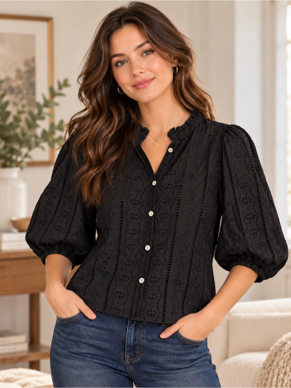 Abercrombie & Fitch Black Eyelet Embroidered Puff Sleeve Blouse | Boho Chic